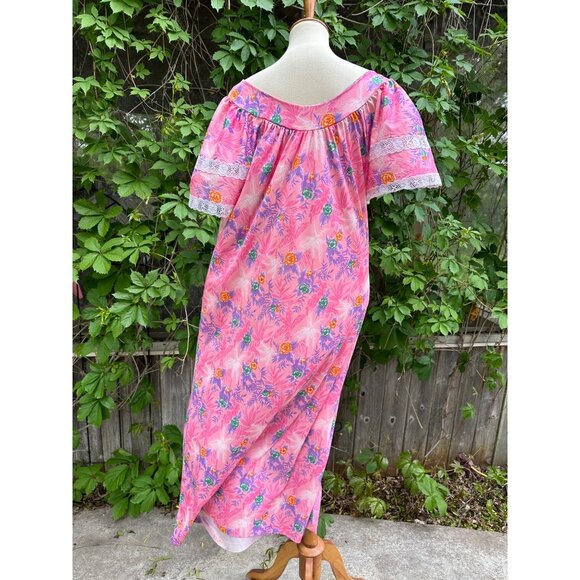 70s Lady Hamilton Muumuu Pink Floral Loungewear Short Flutter Sleeve - Picture 5 of 7